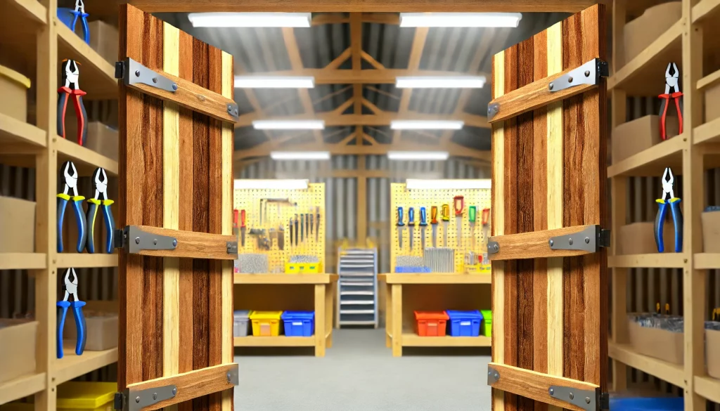 Représente des portes en train de s'ouvrir sur un monde de bricolage avec des outils et de la quincaillerie