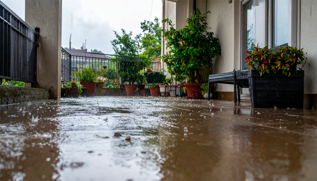 Terrasse avec des grosses flaques d'eau